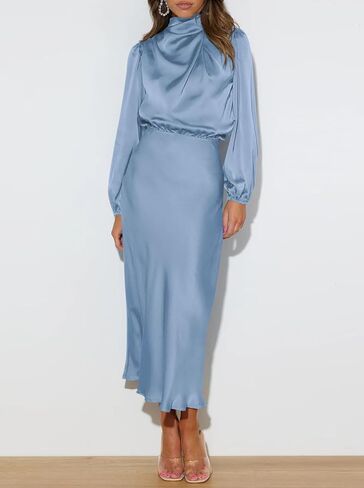 Duigluw المرأة الساتان كم طويل الرقبة وهمية مرونة عالية الخصر الحرير Bodycon ميدي فستان الزفاف فساتين لحفلات الكوكتيل الرسمية in Kuwait