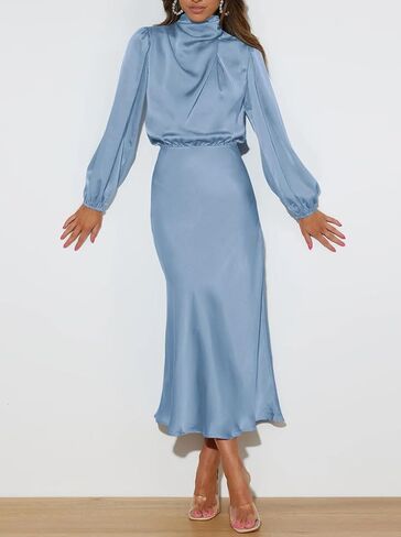 Duigluw المرأة الساتان كم طويل الرقبة وهمية مرونة عالية الخصر الحرير Bodycon ميدي فستان الزفاف فساتين لحفلات الكوكتيل الرسمية in Kuwait