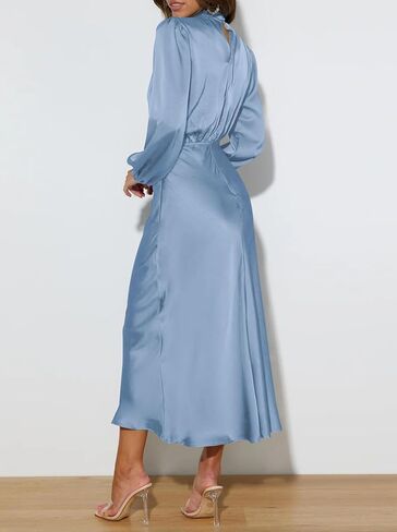 Duigluw المرأة الساتان كم طويل الرقبة وهمية مرونة عالية الخصر الحرير Bodycon ميدي فستان الزفاف فساتين لحفلات الكوكتيل الرسمية in Kuwait