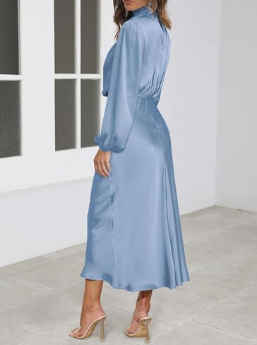 Duigluw المرأة الساتان كم طويل الرقبة وهمية مرونة عالية الخصر الحرير Bodycon ميدي فستان الزفاف فساتين لحفلات الكوكتيل الرسمية in Kuwait