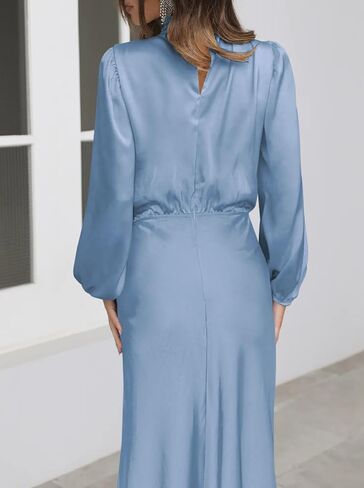 Duigluw المرأة الساتان كم طويل الرقبة وهمية مرونة عالية الخصر الحرير Bodycon ميدي فستان الزفاف فساتين لحفلات الكوكتيل الرسمية in Kuwait