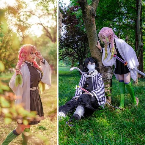 UZAIN Womens Cosplay Costume Anime Kamado Tsuyuri Shinobu Mitsuri Cosplay Kimono Outfit Dress Full Set with Bamboo in Kuwait