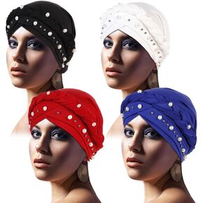 XIAOBLESS Turban Caps for Women Braid Twist Pearl Beading Headscarf Pre Tied Chemo Headwrap Cancer Hair Cover