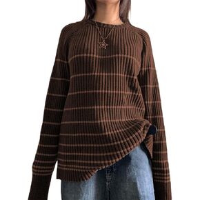Fanvereka Women Fall Winter Vintage Striped Grunge Sweater Y2K Baggy Emo Sweater Oversized Long Sleeve Crewneck Sweatshirt in Kuwait