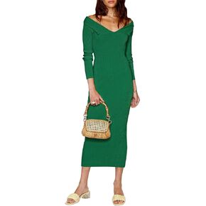 Duigluw المرأة سترة فستان مضلع متماسكة سليم تيشيرت ضيق بأكمام طويلة قبالة الكتف أضعاف الرقبة ميدي Bodycon فساتين سترة in Kuwait