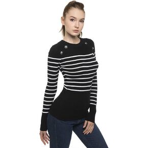 AmélieBoutik Women Crewneck Striped Military Button Embellished Pullover Sweater in Kuwait