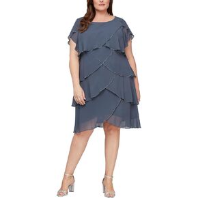 S.L. Fashions Women's Plus Size Capelet Tier Dress with Beaded Detail