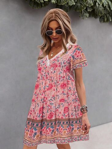 WDIRARA Women's Contrast Lace Ruffle Hem Flounce Hem V Neck Drop Waist Dress in Kuwait