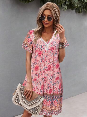 WDIRARA Women's Contrast Lace Ruffle Hem Flounce Hem V Neck Drop Waist Dress in Kuwait