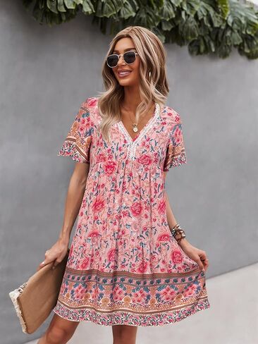 WDIRARA Women's Contrast Lace Ruffle Hem Flounce Hem V Neck Drop Waist Dress in Kuwait