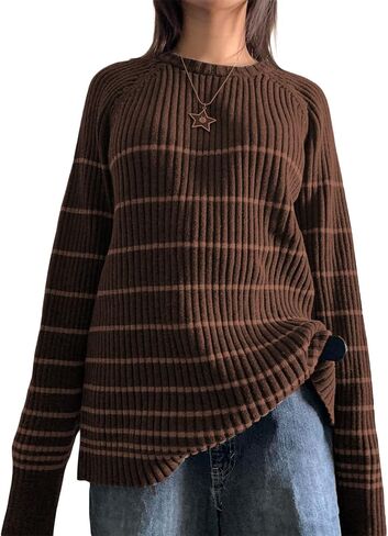 Fanvereka Women Fall Winter Vintage Striped Grunge Sweater Y2K Baggy Emo Sweater Oversized Long Sleeve Crewneck Sweatshirt in Kuwait