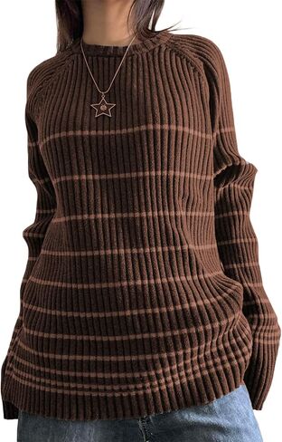 Fanvereka Women Fall Winter Vintage Striped Grunge Sweater Y2K Baggy Emo Sweater Oversized Long Sleeve Crewneck Sweatshirt in Kuwait
