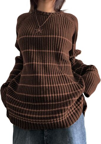 Fanvereka Women Fall Winter Vintage Striped Grunge Sweater Y2K Baggy Emo Sweater Oversized Long Sleeve Crewneck Sweatshirt in Kuwait