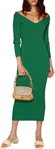 Duigluw المرأة سترة فستان مضلع متماسكة سليم تيشيرت ضيق بأكمام طويلة قبالة الكتف أضعاف الرقبة ميدي Bodycon فساتين سترة in Kuwait