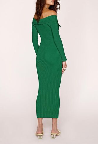 Duigluw المرأة سترة فستان مضلع متماسكة سليم تيشيرت ضيق بأكمام طويلة قبالة الكتف أضعاف الرقبة ميدي Bodycon فساتين سترة in Kuwait