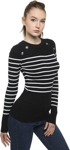 AmélieBoutik Women Crewneck Striped Military Button Embellished Pullover Sweater in Kuwait