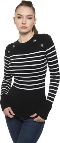 AmélieBoutik Women Crewneck Striped Military Button Embellished Pullover Sweater in Kuwait