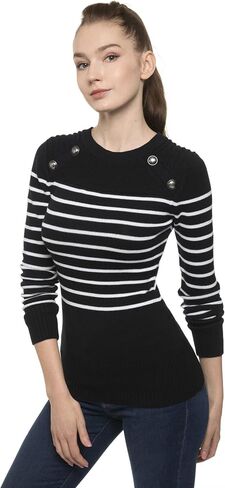 AmélieBoutik Women Crewneck Striped Military Button Embellished Pullover Sweater in Kuwait