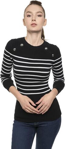 AmélieBoutik Women Crewneck Striped Military Button Embellished Pullover Sweater in Kuwait