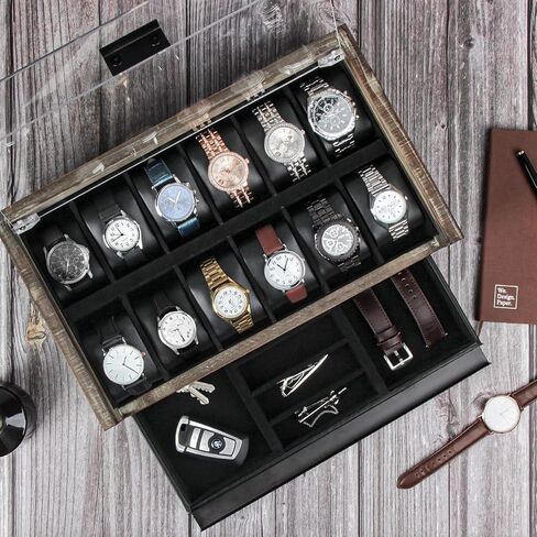 صندوق ساعة من الخشب الريفي بتصميم J JACKCUBE مع منظم عرض ساعة مكون من 12 فتحة وحامل درج تخزين المجوهرات للرجال مع سطح أكريليك ومفصلات معدنية - MK605A in Kuwait