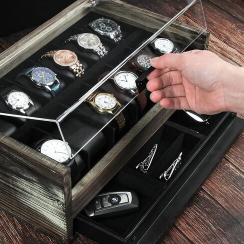 صندوق ساعة من الخشب الريفي بتصميم J JACKCUBE مع منظم عرض ساعة مكون من 12 فتحة وحامل درج تخزين المجوهرات للرجال مع سطح أكريليك ومفصلات معدنية - MK605A in Kuwait