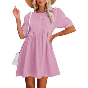 LYANER Women's Crewneck High Waist Puff Short Sleeve Button Back Babydoll A-line Mini Dress with Pocket