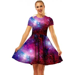 Fancy Uyee Women's 3D Print Short Sleeve Casual Flared Midi Dress