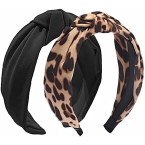 Etercycle 2PCS Headbands for Women, Bow Knotted Wide Headband, Yoga Hair Band Fashion Elastic Hair Accessories for Women (Black, Leopard)