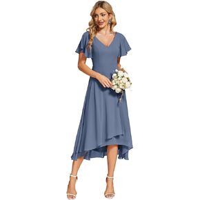 Ever-Pretty Women's V Neck Ruffle Sleeves Irregular Chiffon A-Line Midi Wedding Guest Dresses 01756