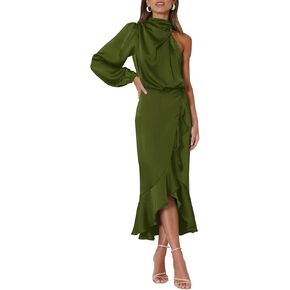 MITILLY Women's Satin Formal One-Shoulder Mock Neck Long Sleeve Bodycon Wrap Mermaid Hem Cocktail Party Maxi Dress New