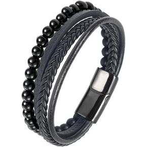 NORLSO Black Leather Beaded Bracelet Volcanicx Wellness & Relief Bracelet Menopause Bracelet Leather Braided Bracelet Charm Bracelet Amazing Gift for Men