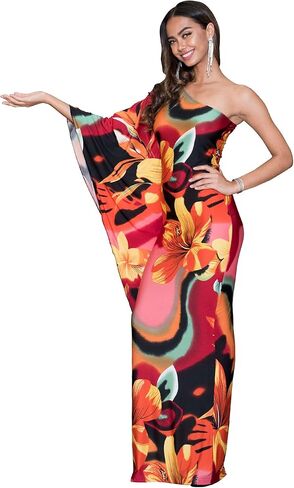 فستان KOH KOH نسائي طويل بكتف واحد مطبوع عليه زهرة هاواي صيفي طويل لحفلات الكوكتيل in Kuwait