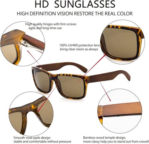 نظارات شمسية مستقطبة خشبية من ANDOILT للرجال والنساء، نظارات شمسية عصرية كلاسيكية مربعة الشكل من الخيزران الخشبي in Kuwait