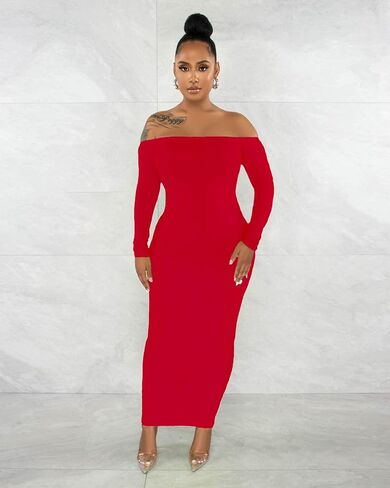 YUEWOO Womens Long Sleeve Off The Shoulder Maxi Dress Sexy Bodycon Midi Dresses Club Outfits in Kuwait