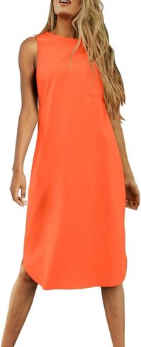 Dyexces Summer Dress for Women Crew Neck Short Sleeve Solid Basic T-Shirts Casual Midi Dresses with Pocket in Kuwait