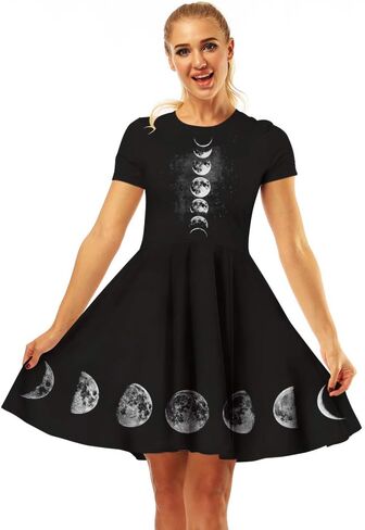 Fancy Uyee Women's 3D Print Short Sleeve Casual Flared Midi Dress in Kuwait