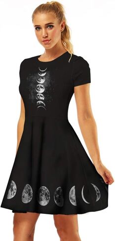 Fancy Uyee Women's 3D Print Short Sleeve Casual Flared Midi Dress in Kuwait
