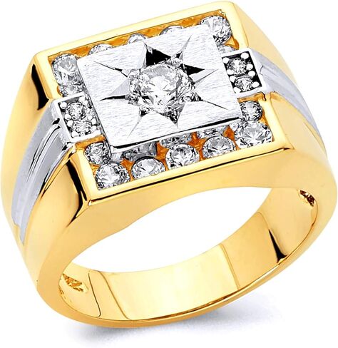 Wellingsale رجالي صلب 14 قيراط 2 نغمة من الذهب الأبيض والأصفر المصقول CZ مكعب زركونيا لليد اليمنى - in Kuwait