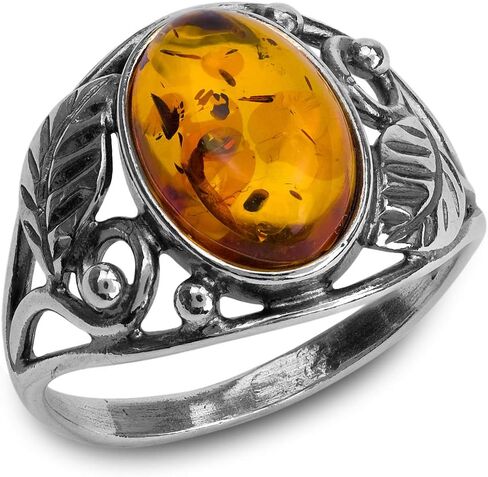 Ian and Valeri Co. Amber Sterling Silver Oval Victorian Setting Grape Leaves Ring in Saudi Arabia