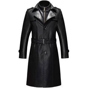 Duberess Mens Double Collar Long Trench Coat Long PU Leather Jacket Parka (S-XL)