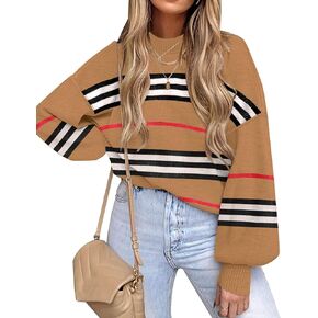 ETCYY Womens Striped Sweaters 2023 Fall Batwing Long Sleeve Side Slit Oversized Sweaters Trendy Crew Neck Knit Pullover Tops