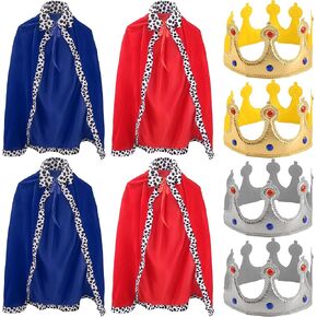 Cotiny 4 Pack Kids King Costume Set King Cape Red Blue Cloak Crown for Children Halloween King Prince Cosplay Birthday Party