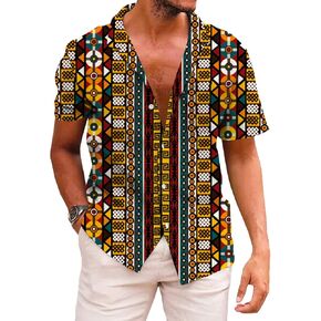 قمصان KYKU الأفريقية للرجال Dashiki 70s ملابس مطبوعة بأزرار سفلية قميص رجالي بأكمام قصيرة in Kuwait