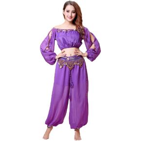 ZLTdream Belly Dance Chiffon Long Sleeves Top and Lantern Coins Pants Black, One Size in Kuwait