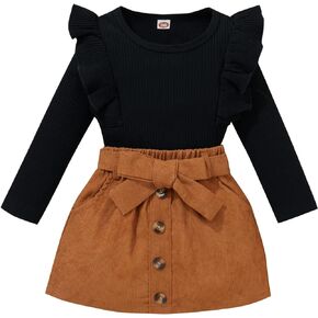 DUBASAM Trendy Kids Toddler Baby Girl Fall Outfit Ruffle Long Sleeve Knit Blouse Pullover Top Mini Skirt with Belt Clothes