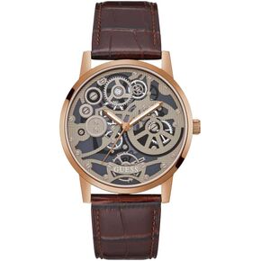 GUESS Men's 42mm Watch - Brown Strap Skeleton Dial Coffee Case