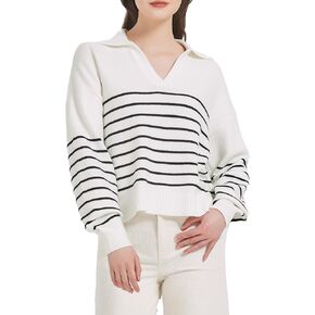 Crochetist Women's Sweater, Casual Striped Long Sleeve Polo V Neck Knit Pullover Loose Sweater