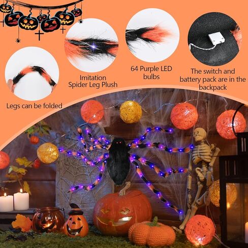 زي عنكبوت الهالوين من ERHAIYUN للأطفال البالغين، حقيبة ظهر حلوى عنكبوت 64 LED، زي عنكبوت مخملي مضحك مع أضواء in Kuwait