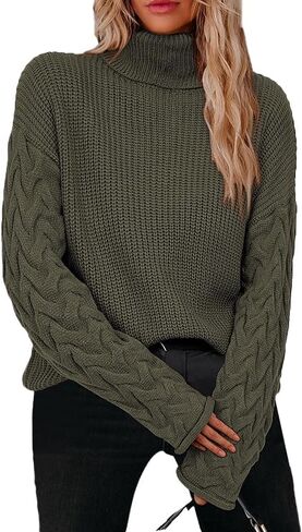 Okiwam Cable Knit Sweater Women Long Sleeve Turtleneck Fall Sweater Solid Color Pullover 2023 Casual Tops Jumper in Kuwait