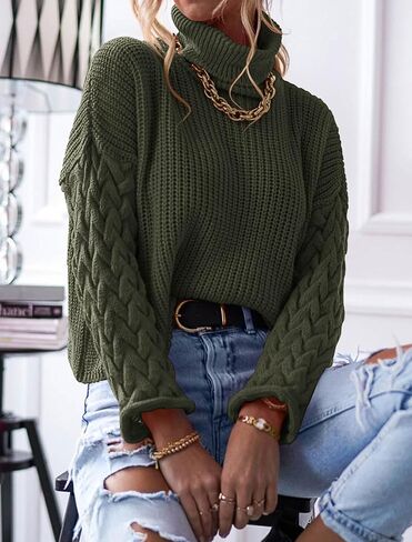Okiwam Cable Knit Sweater Women Long Sleeve Turtleneck Fall Sweater Solid Color Pullover 2023 Casual Tops Jumper in Kuwait